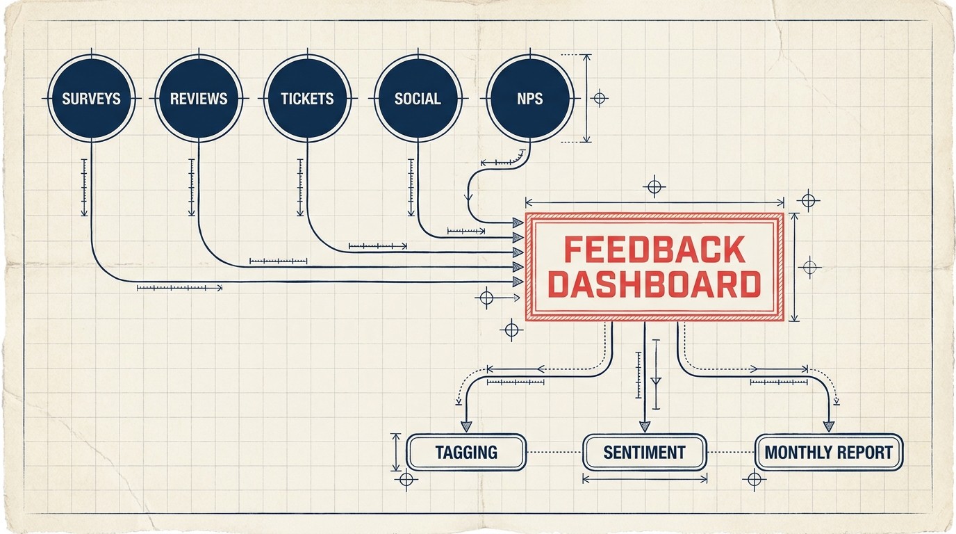Centralized feedback dashboard aggregating surveys, reviews, tickets, social mentions, and NPS scores