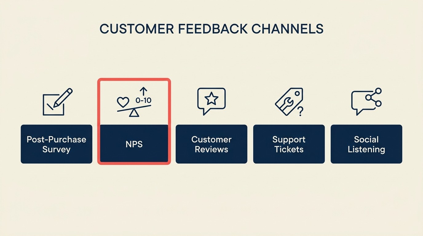Six feedback collection channels: surveys, NPS, reviews, support tickets, social listening, behavior analytics