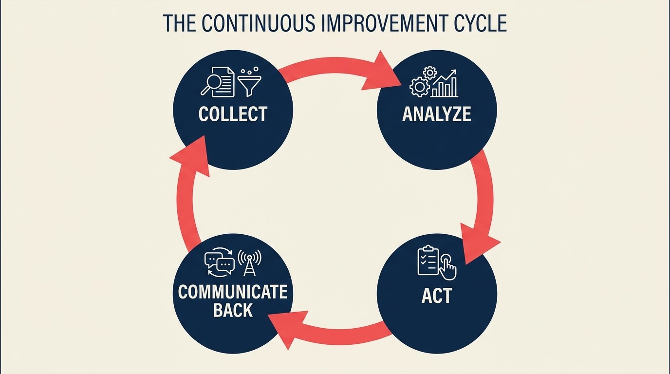 Diagram of the four-stage customer feedback loop cycle: collect, analyze, act, communicate