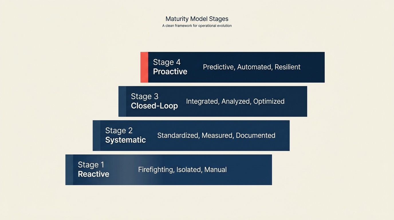 Four-stage feedback loop maturity model from reactive collection to proactive insight mining