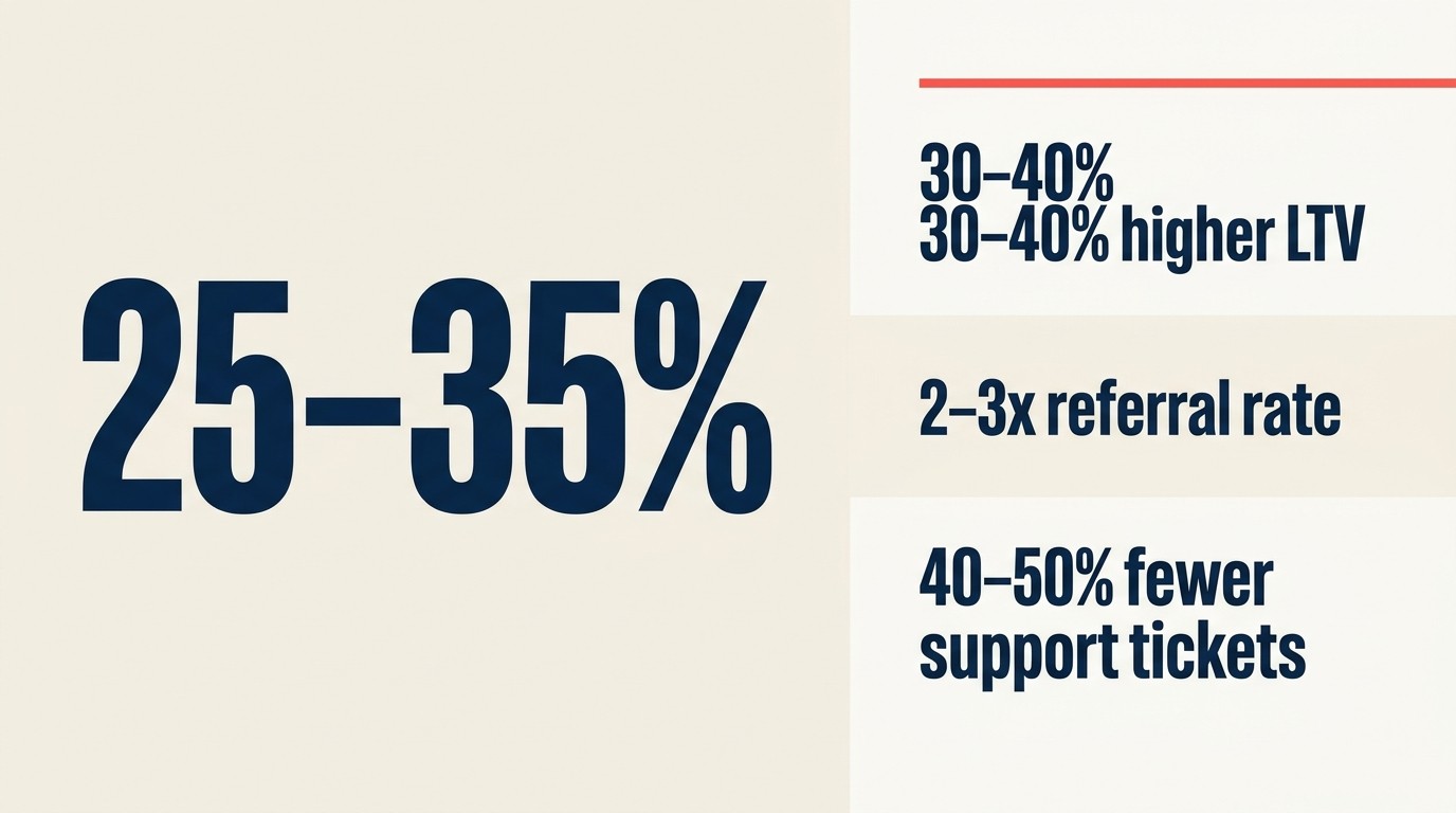 Retention metrics showing 25-35% repeat purchase lift and 30-40% CLV improvement from feedback loops