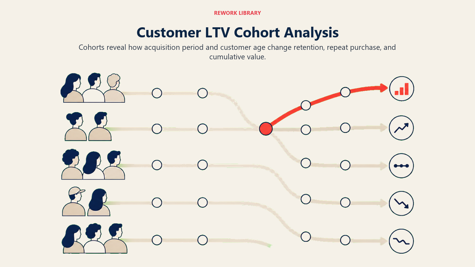 Customer LTV Cohort Analysis illustrated as a wide layered cohort field shows parallel customer groups progressing across time with distinct value curves and one coral divergence point