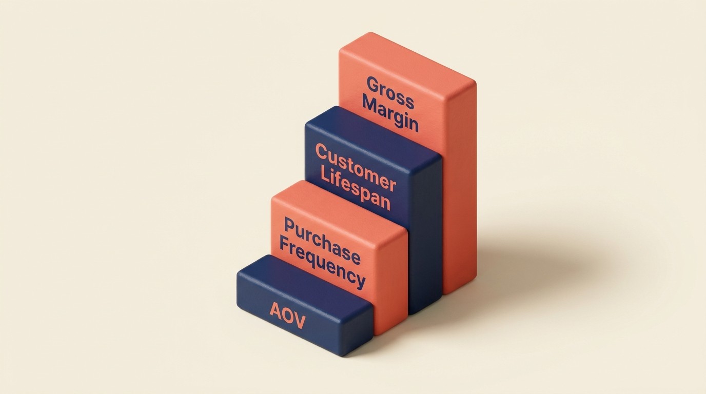 Four components of LTV: average order value, purchase frequency, customer lifespan, and gross margin