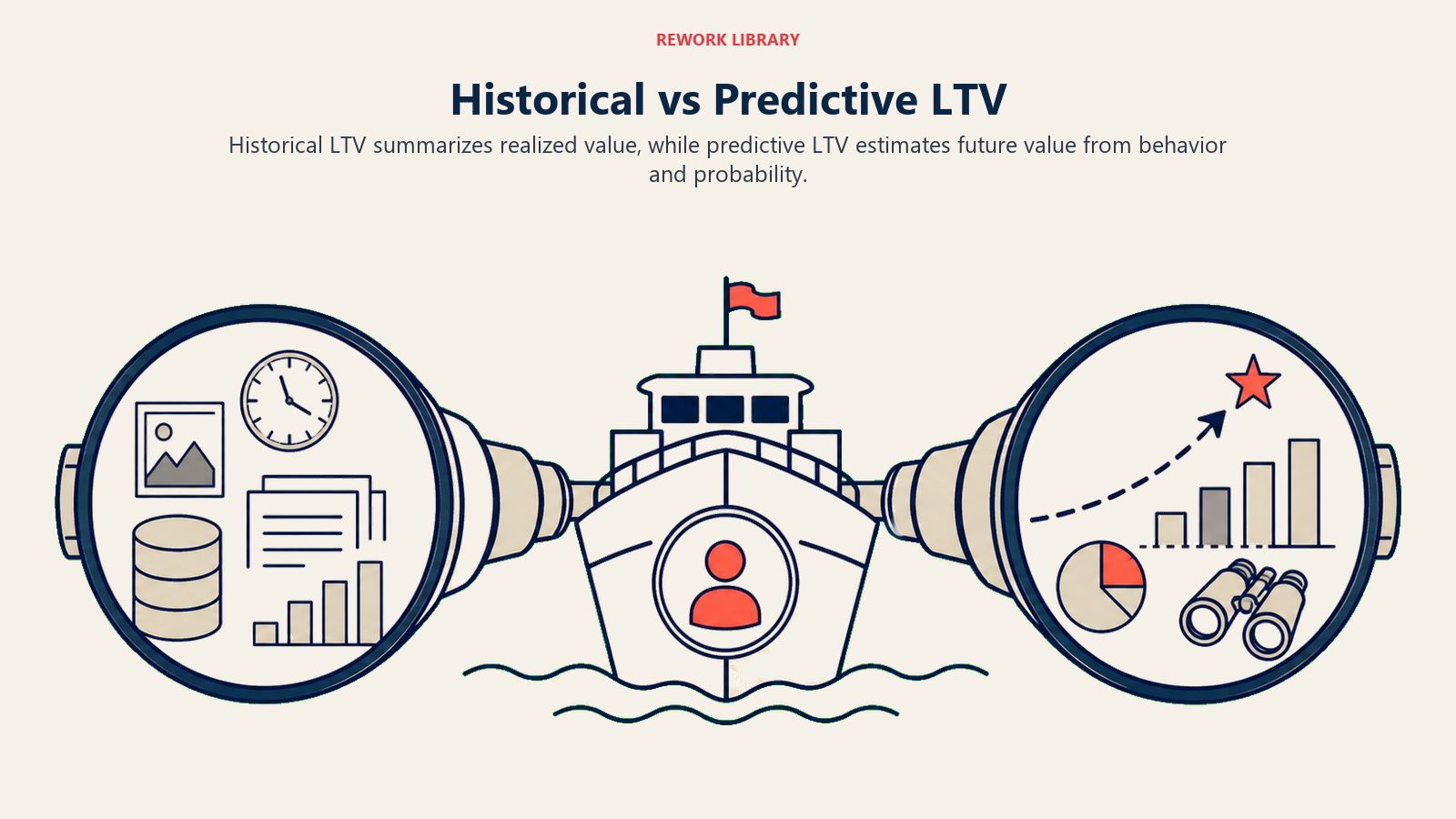 Historical vs Predictive LTV illustrated as a wide direct comparison shows a backward-looking archive lens versus a forward-looking forecast lens around the same customer value vessel