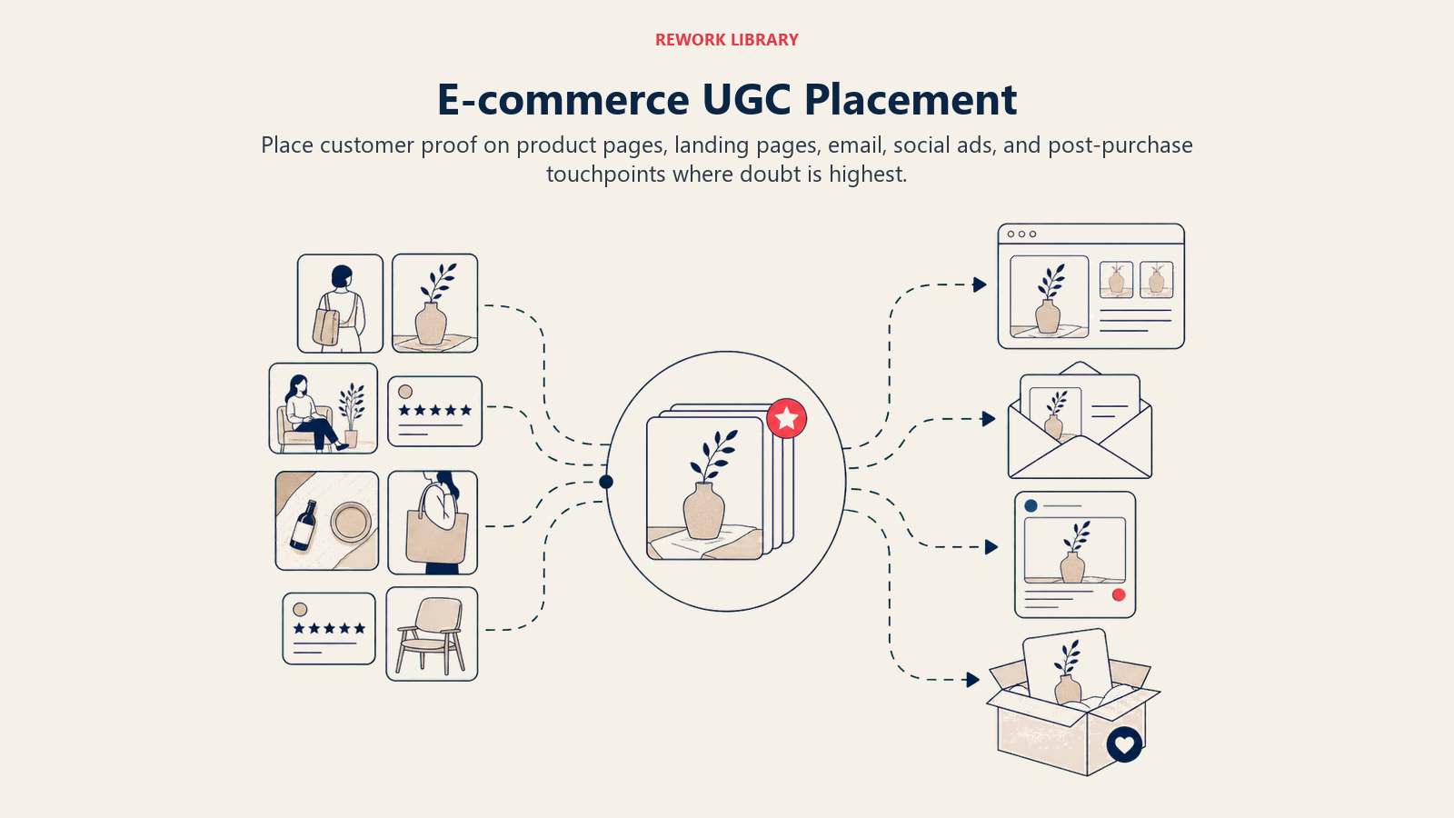 E-commerce UGC Placement: a wide product-proof hub distributing authentic photo and review tiles to storefront, email, ad, and post-purchase destinations, with no text