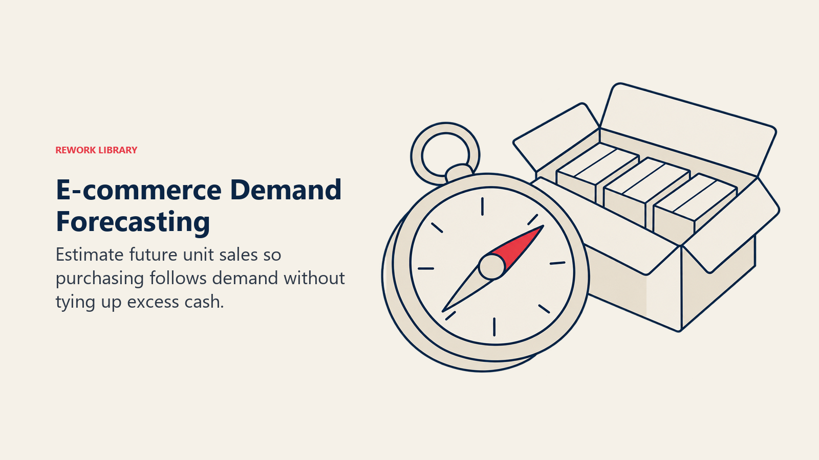 E-commerce Demand Forecasting illustrated by compass beside an open inventory carton.