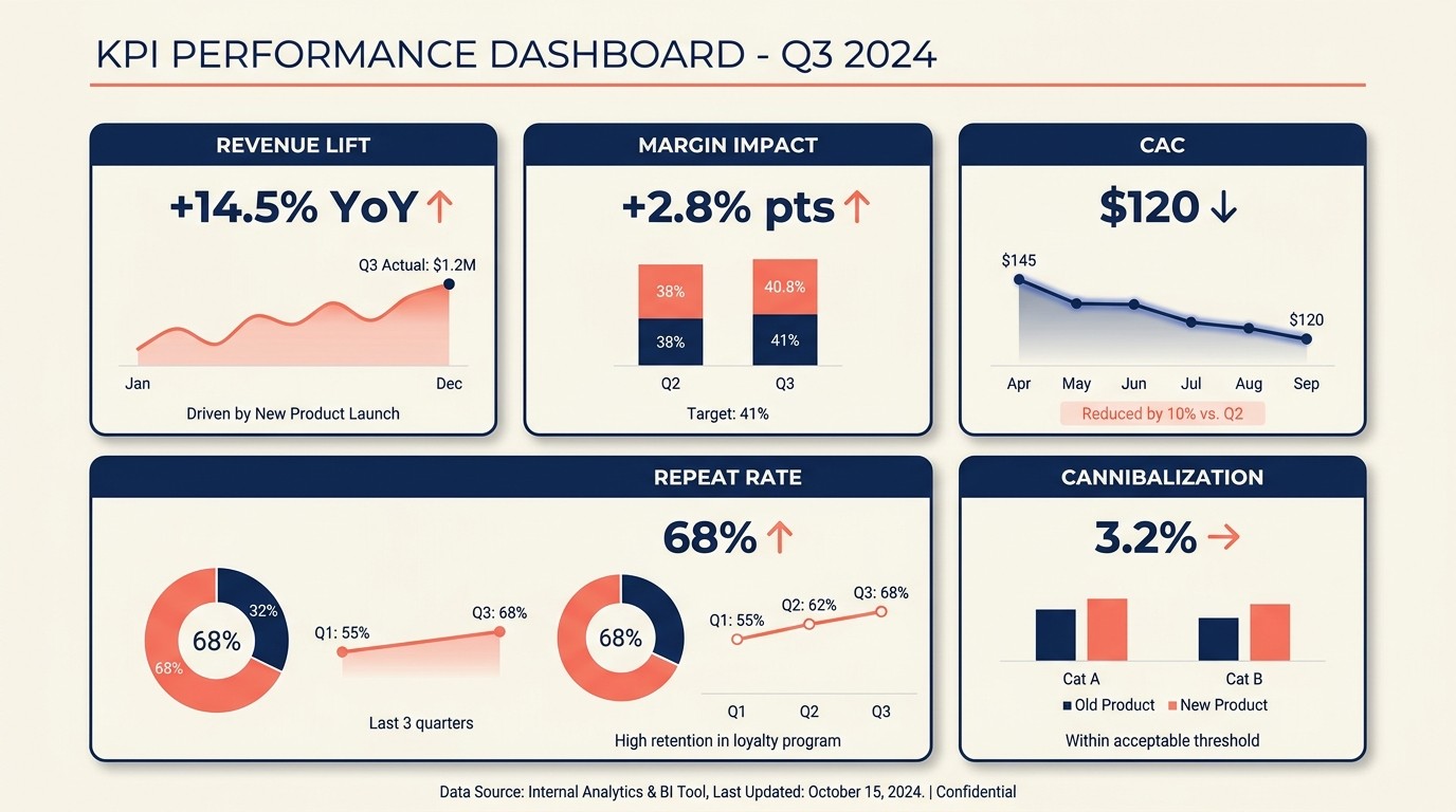Measurement and analytics framework tracking incremental revenue, margin impact, CAC, and cannibalization