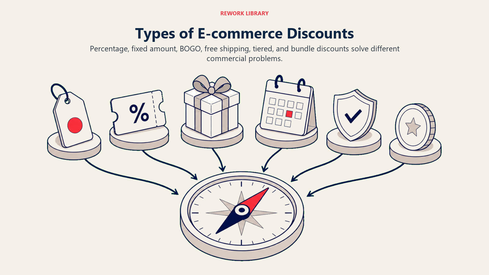 Types of E-commerce Discounts illustrated by a wide sparse gallery of six distinct offer mechanisms feeding one selection compass