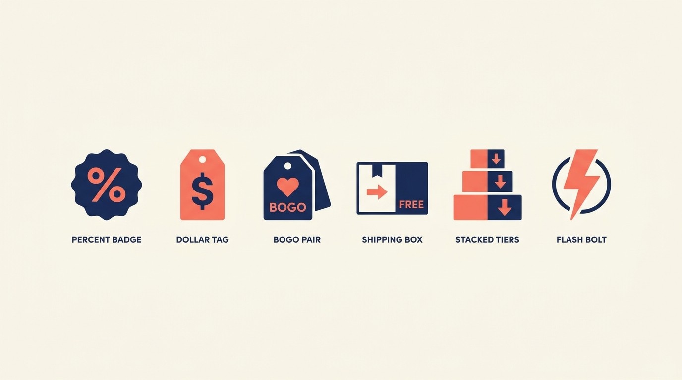 Types of e-commerce discounts comparing percentage, dollar, BOGO, free shipping, and tiered offers