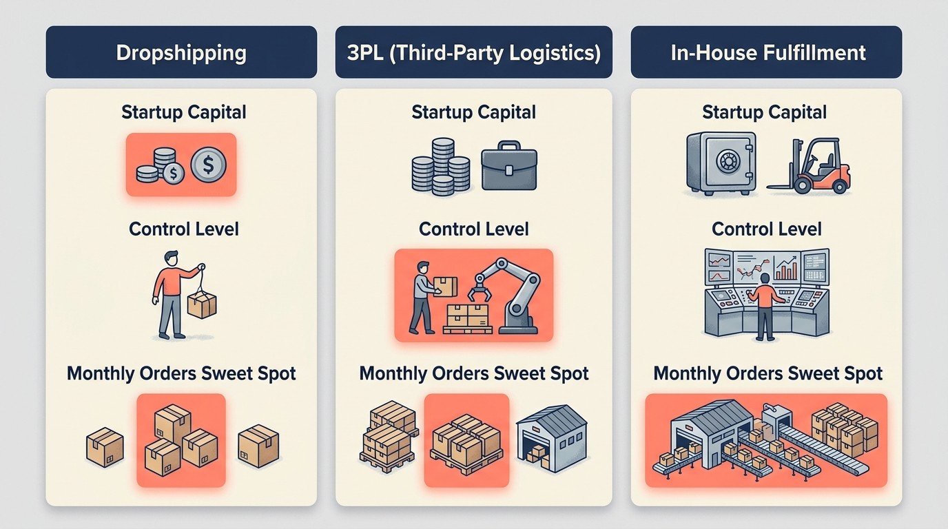 Side-by-side comparison of dropshipping 3PL and in-house fulfillment across capital control and scalability