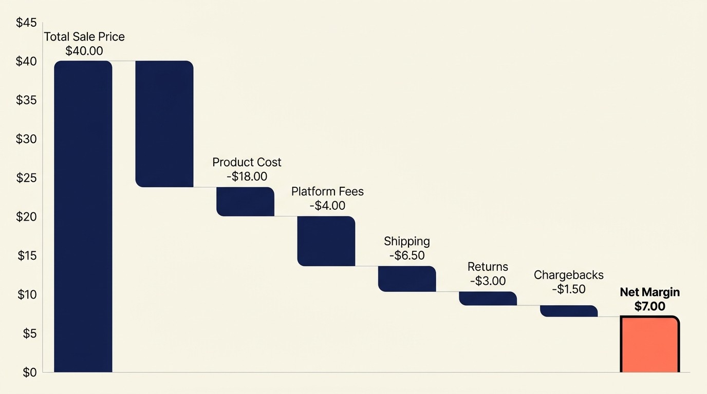 Dropshipping margin breakdown showing product platform logistics and risk costs eroding gross margin