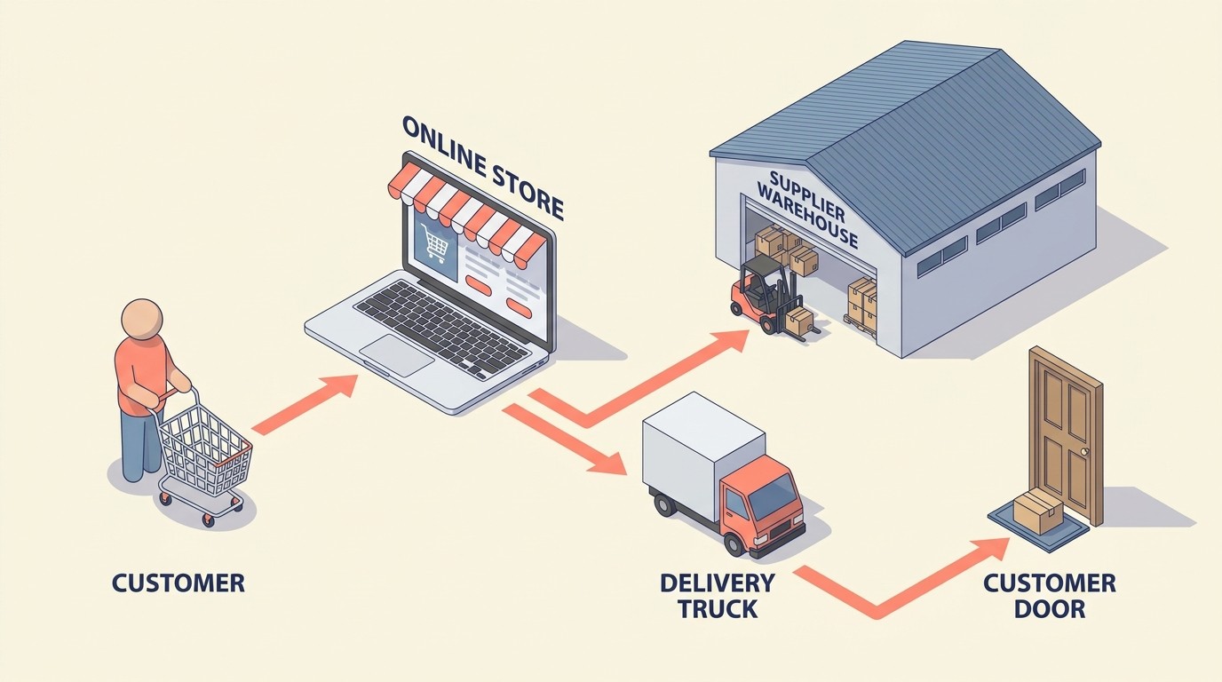 Dropshipping order flow from customer to supplier with margin retained by seller