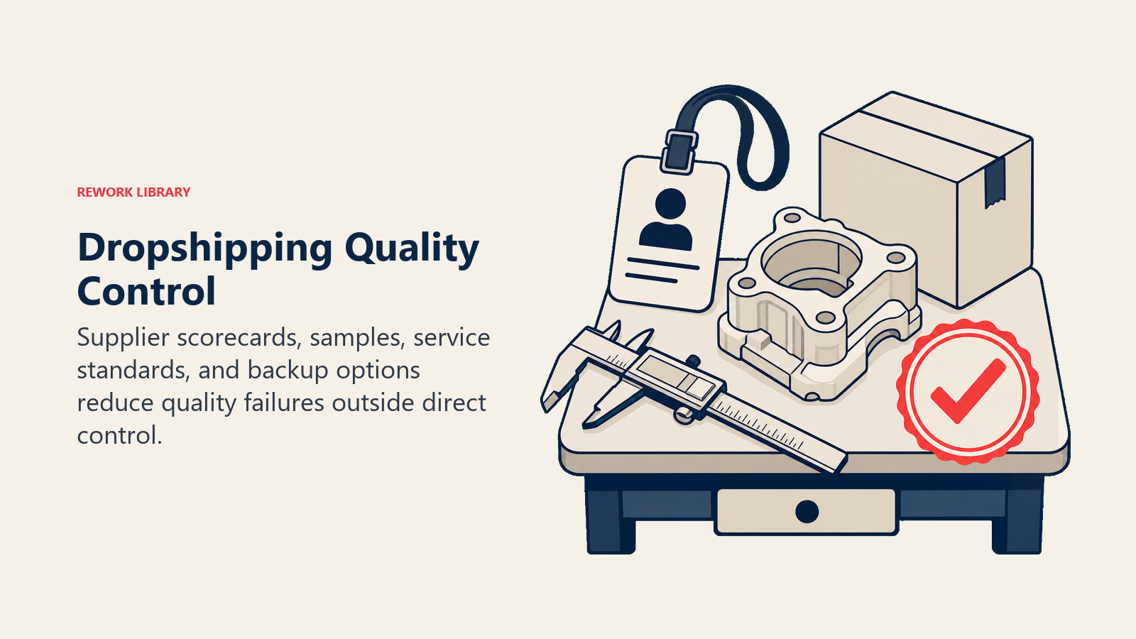 Dropshipping Quality Control illustrated with an inspection workbench with product sample, caliper, supplier badge, backup parcel, and coral approval stamp
