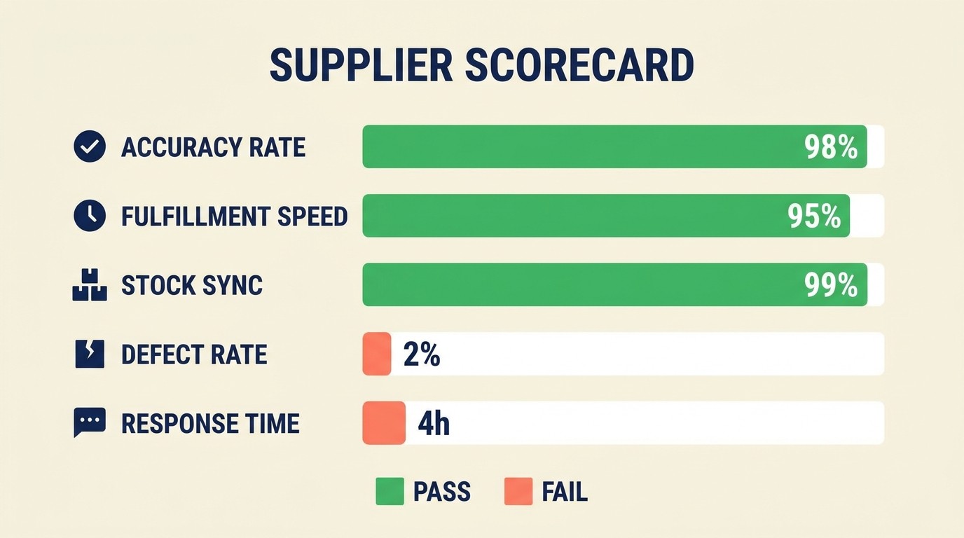 Supplier evaluation scorecard with reliability metrics including order accuracy and fulfillment time