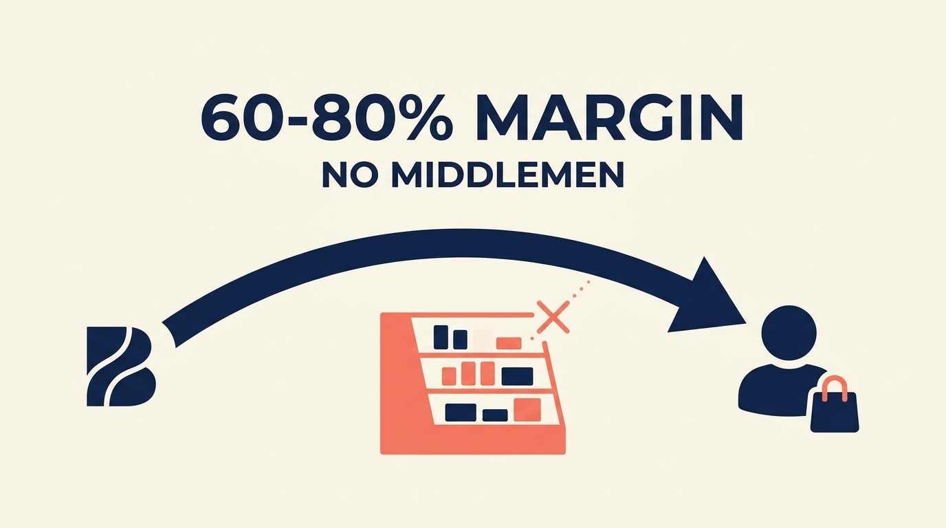 Direct-to-consumer model showing brand ownership of customer relationship, margin, and data