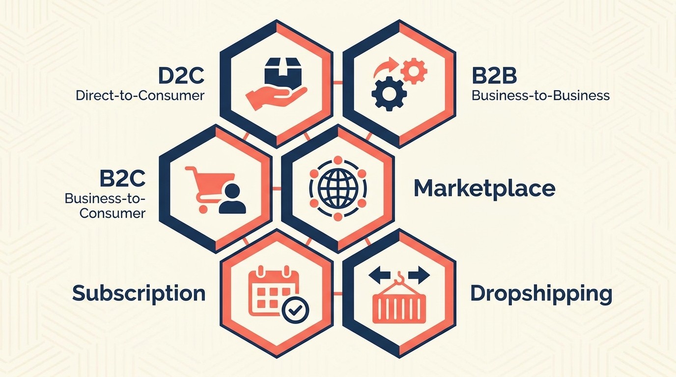 Six core e-commerce business models: D2C, B2B, B2C, marketplace, subscription, and dropshipping
