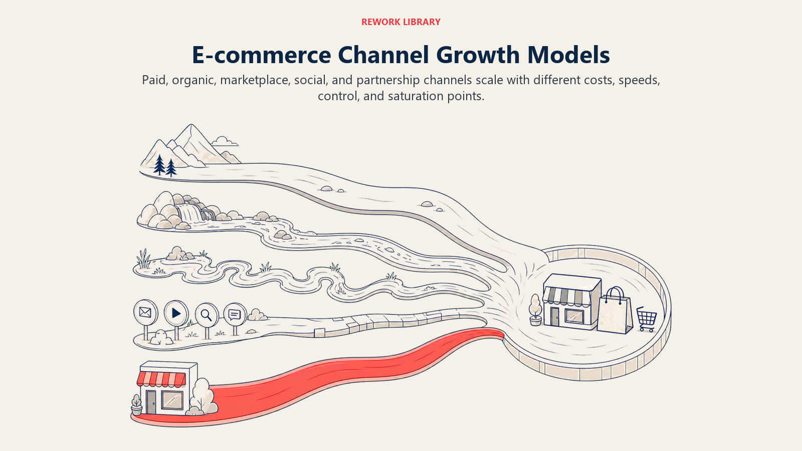 E-commerce Channel Growth Models shown as five channel growth routes in a Rework Library editorial illustration