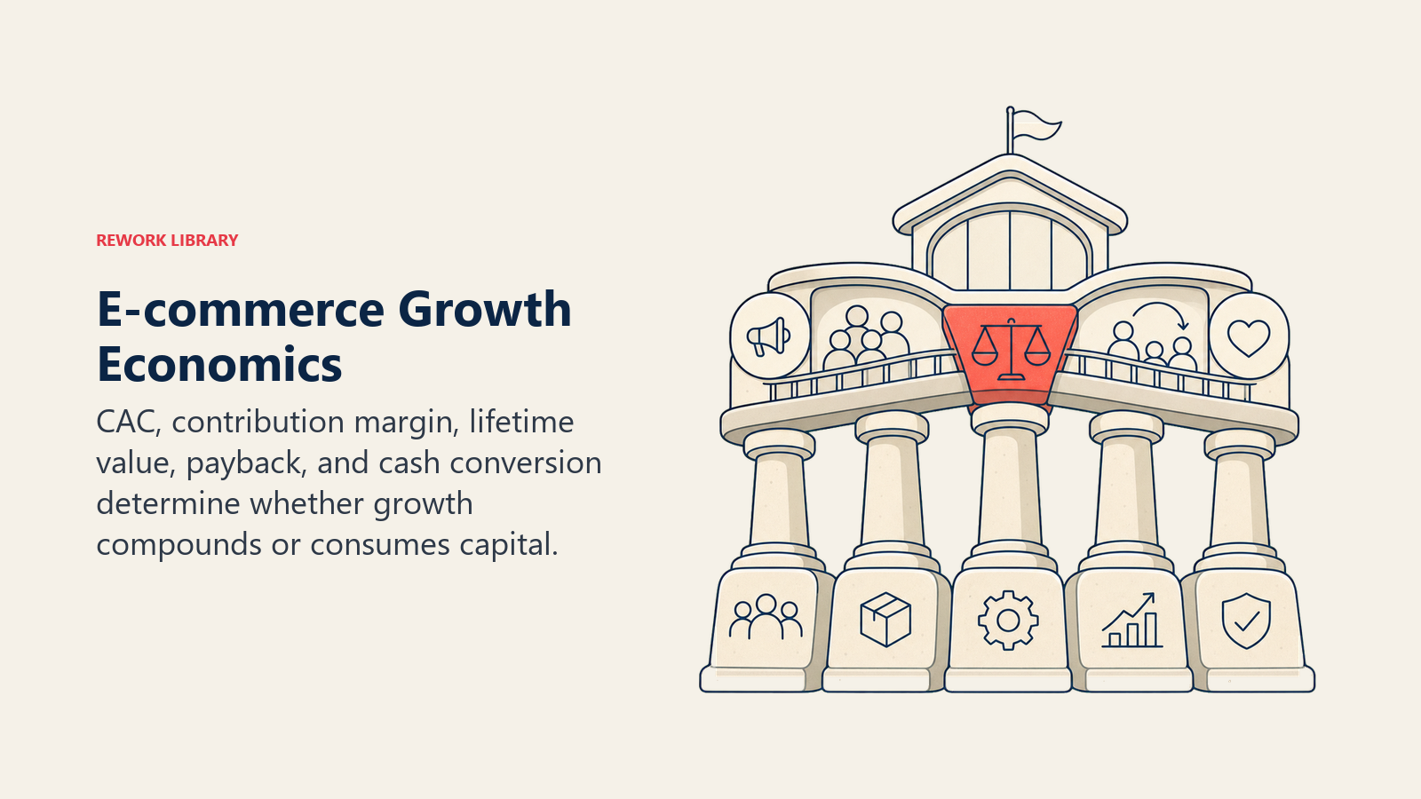 E-commerce Growth Economics shown as unit economics foundation in a Rework Library editorial illustration