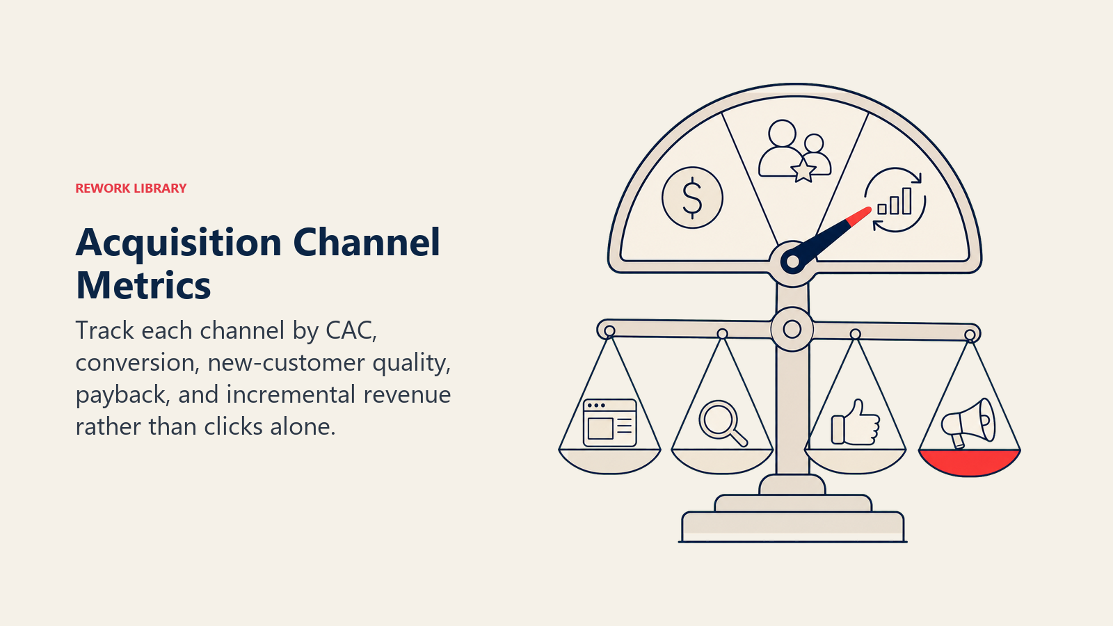 Acquisition Channel Metrics, illustrated as a channel comparison instrument weighing several traffic sources by cost, customer quality, and payback, one coral efficient channel