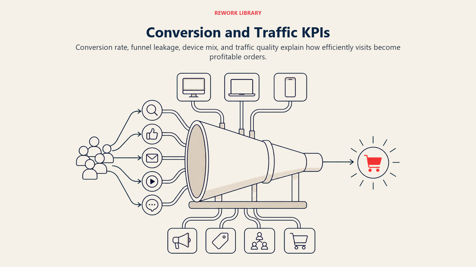 Conversion and Traffic KPIs, illustrated as a wide conversion funnel instrument showing visits separating by device and channel before converging into profitable orders