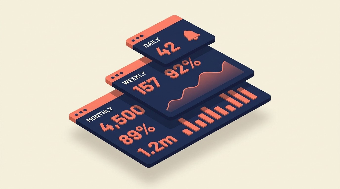 Three-tier dashboard structure: real-time, weekly, and monthly KPI layers