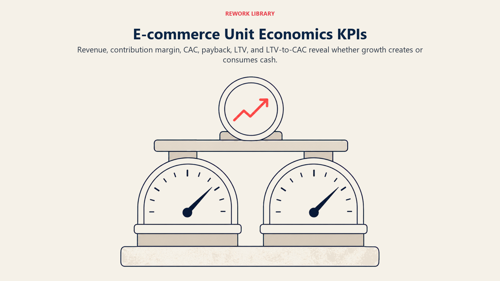E-commerce Unit Economics KPIs, illustrated as a wide hierarchy of large metric instruments with contribution margin and LTV-to-CAC at the foundation, one coral profit signal
