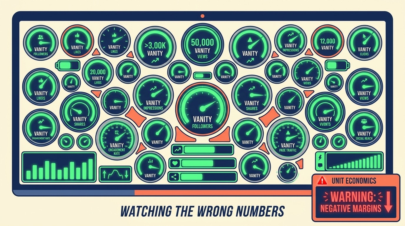 Vanity metrics dashboard contrasted with strategic profitability KPIs