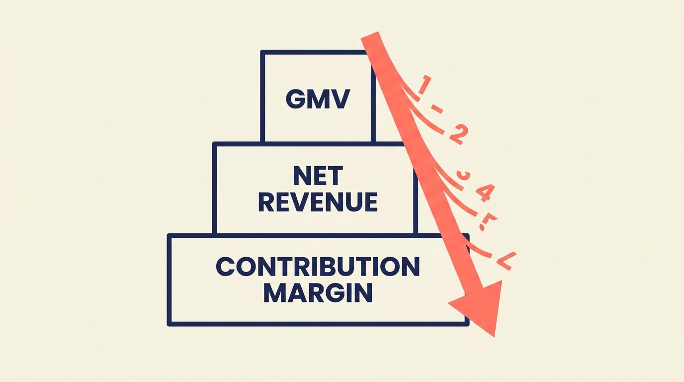 Foundation unit-economics metrics stack: GMV, AOV, gross margin, CAC
