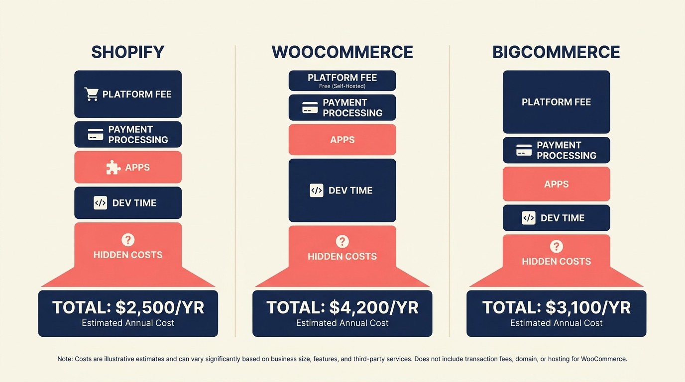 Total cost of ownership breakdown comparing Shopify, WooCommerce, and BigCommerce for a $500K revenue store