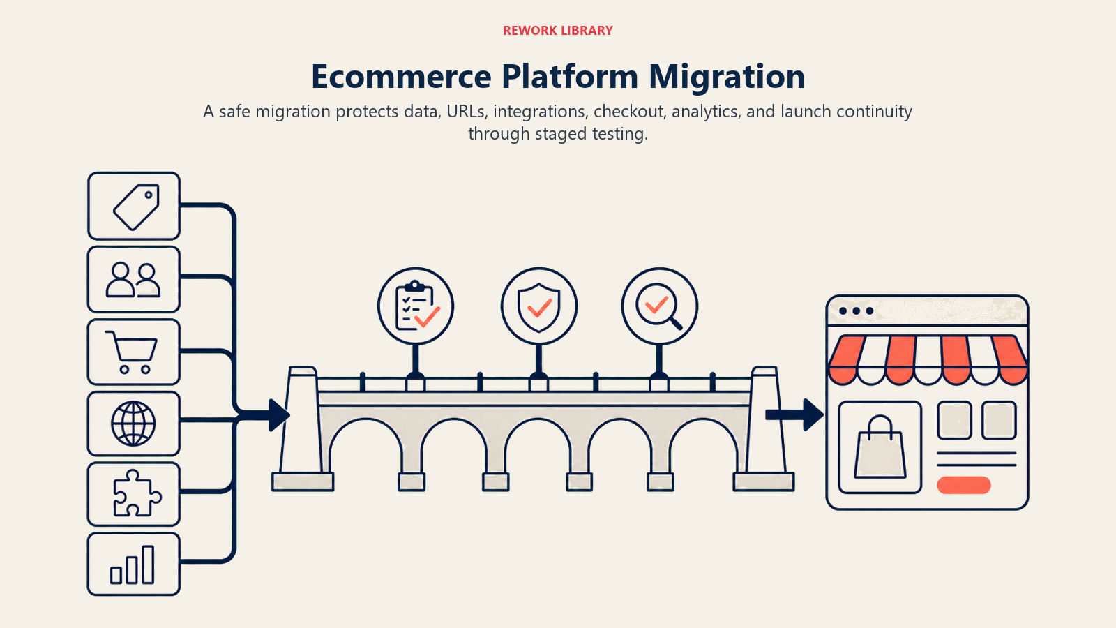 Ecommerce Platform Migration, illustrated with platform migration bridge.