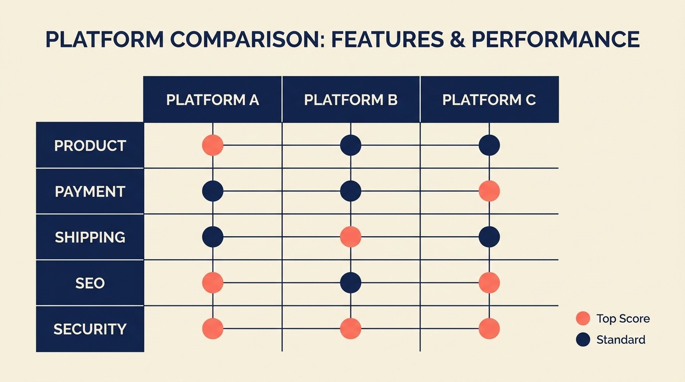 Side-by-side feature matrix comparing product management, payments, SEO, and security across major e-commerce platforms
