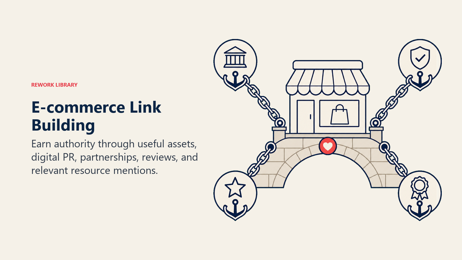 E-commerce Link Building illustrated as a sturdy storefront bridge is reinforced by several external authority anchors, with one coral trust rivet