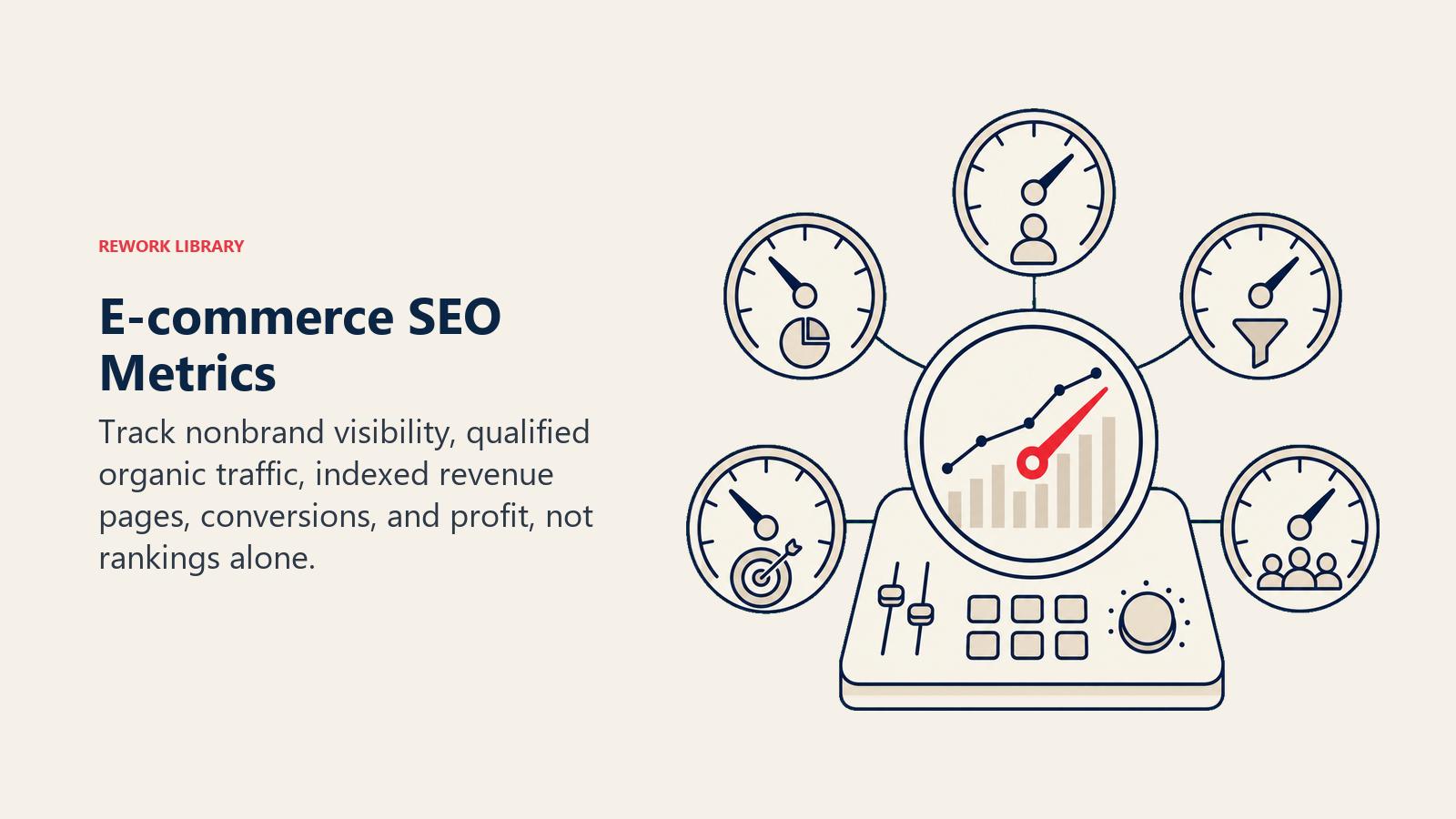 E-commerce SEO Metrics illustrated as a search measurement console uses five large text-free gauges around a central revenue lens and coral outcome needle