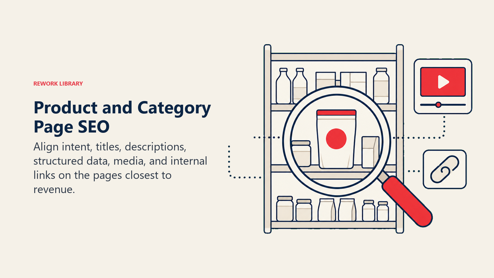 Product and Category Page SEO illustrated as a merchandising shelf is viewed through a search lens that aligns product, category, media, and link elements into one clear path