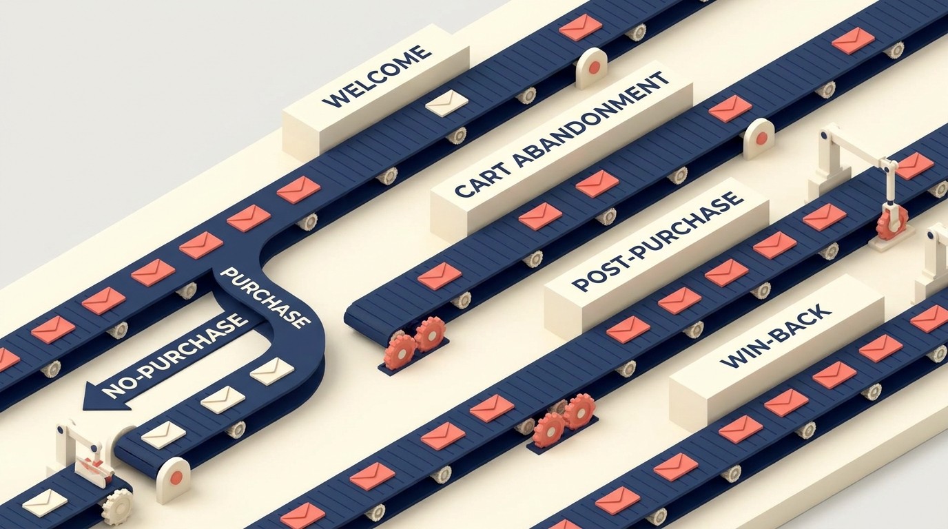 Email automation workflows including welcome cart abandonment and post-purchase sequences