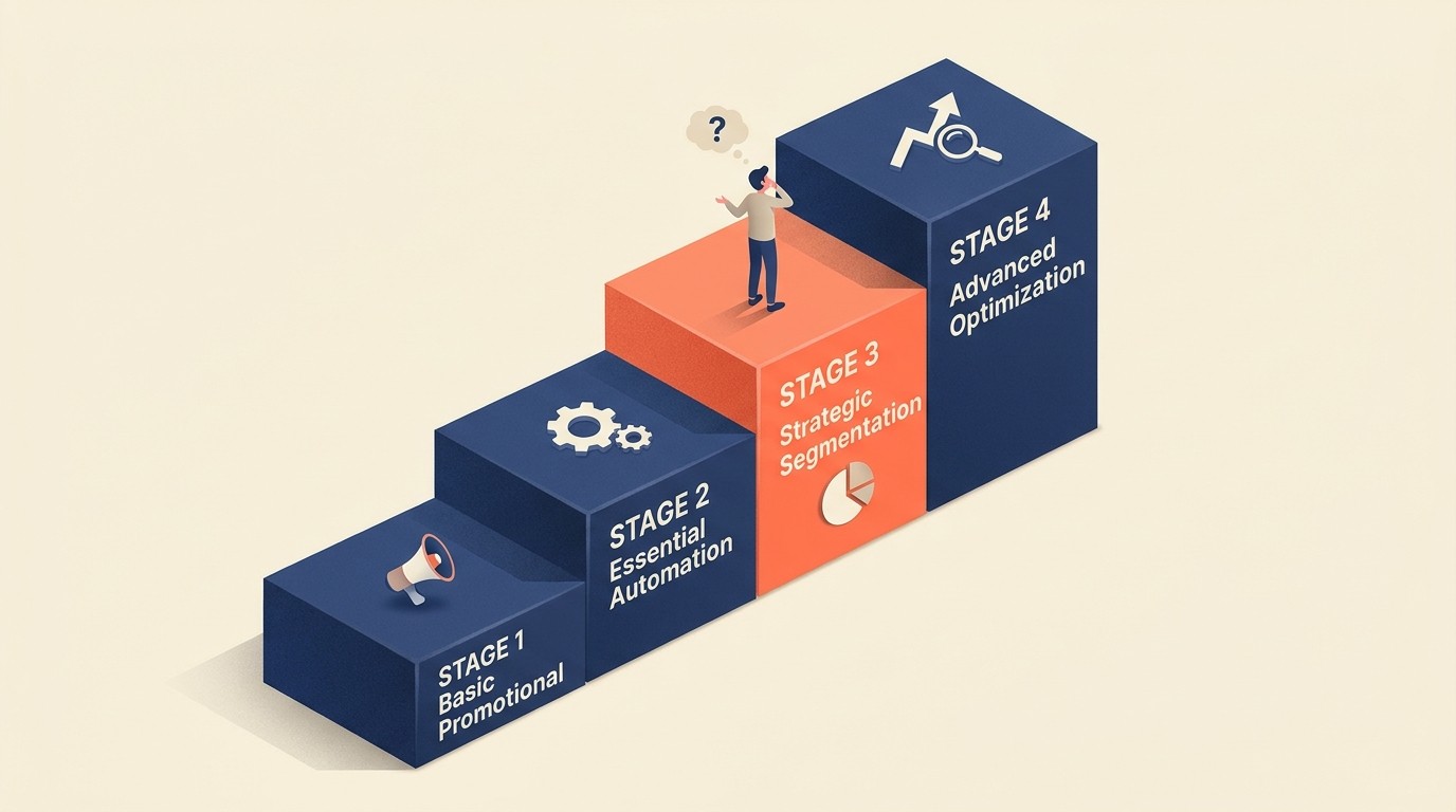 Four stages of email marketing maturity from basic promotional to advanced optimization