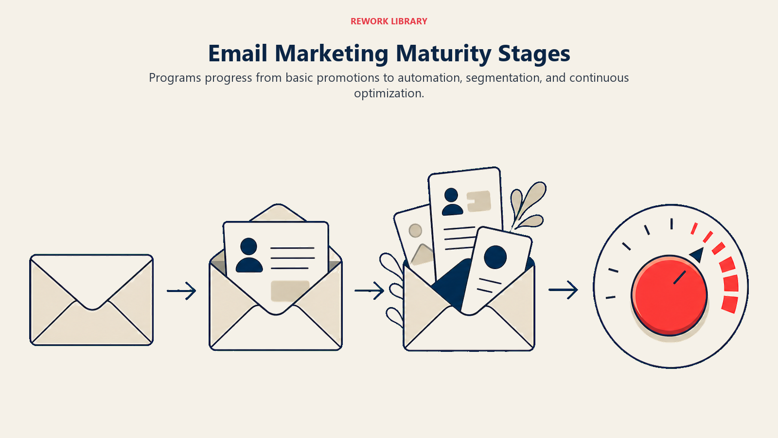 Email Marketing Maturity Stages illustrated with a wide four-stage set of increasingly capable envelope mechanisms ending in a coral optimization dial