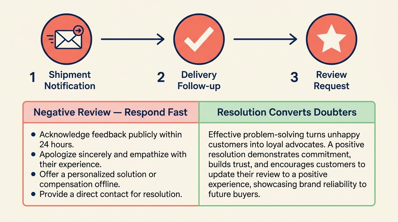 Customer review workflow showing post-purchase messaging sequence and review recovery