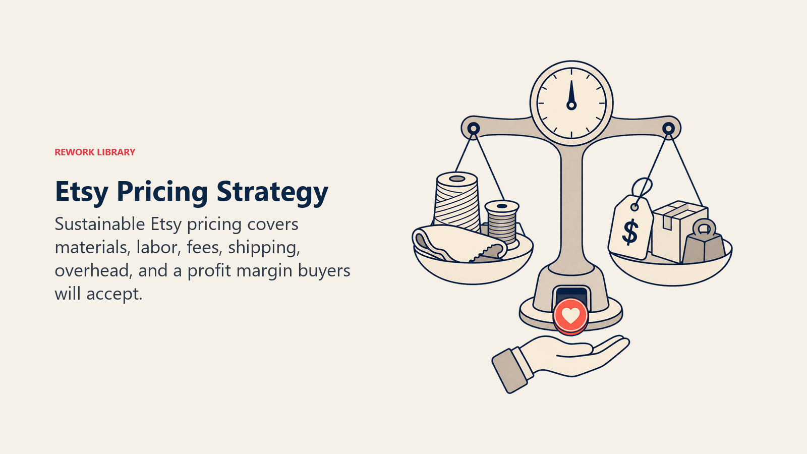 Etsy Pricing Strategy shown as maker pricing scale in a Rework Library editorial illustration