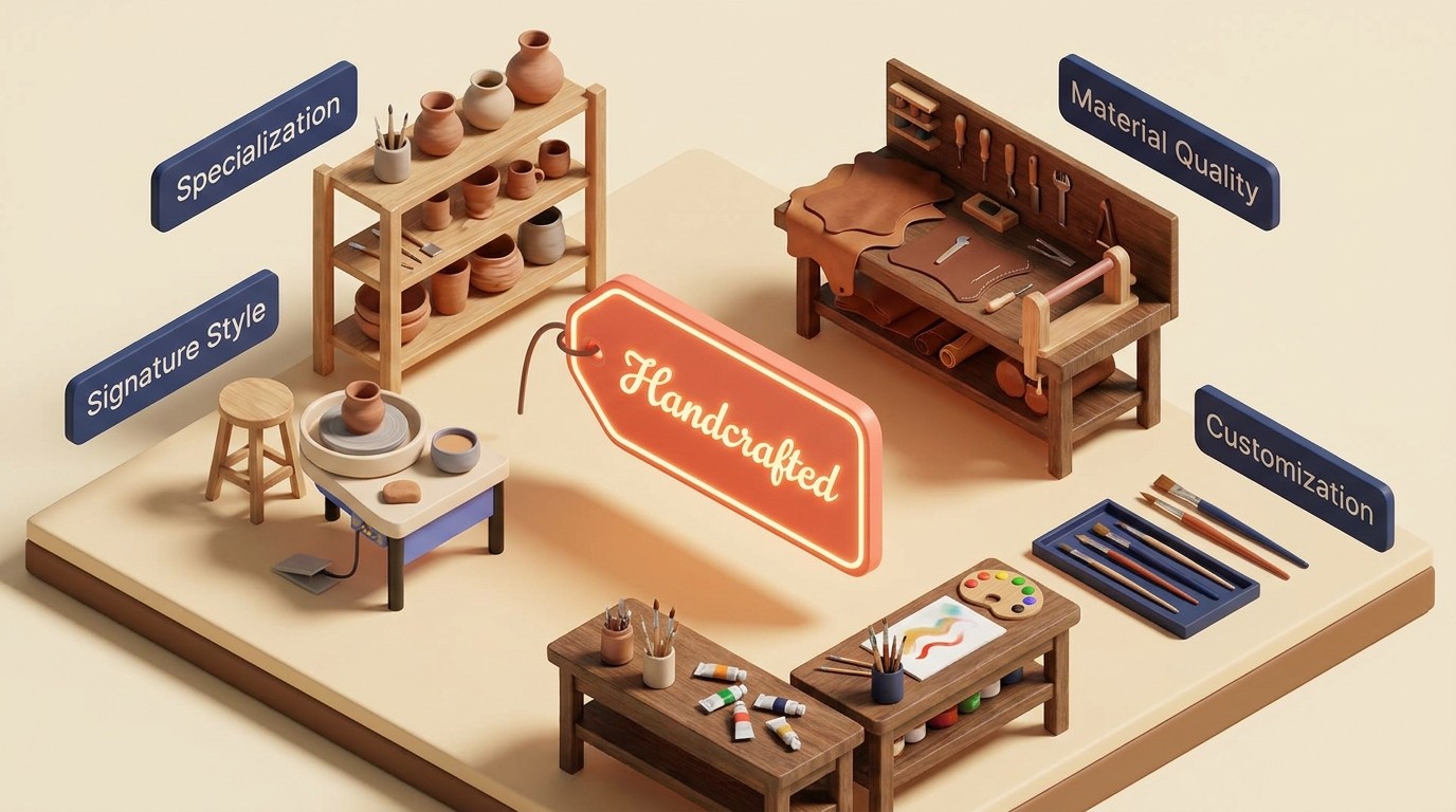 Artisan workspace showing handmade craftsmanship and authentic brand positioning elements