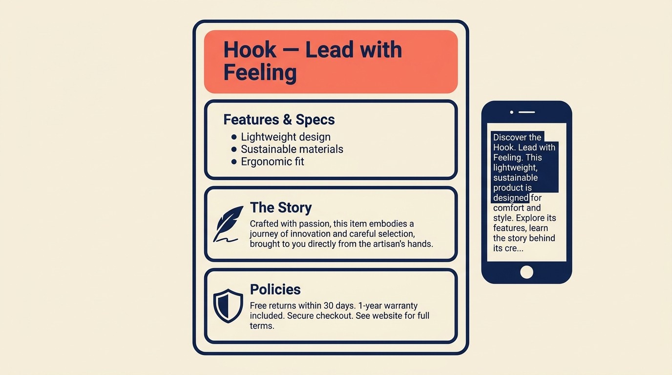 Etsy listing optimization framework showing title, description, and conversion elements