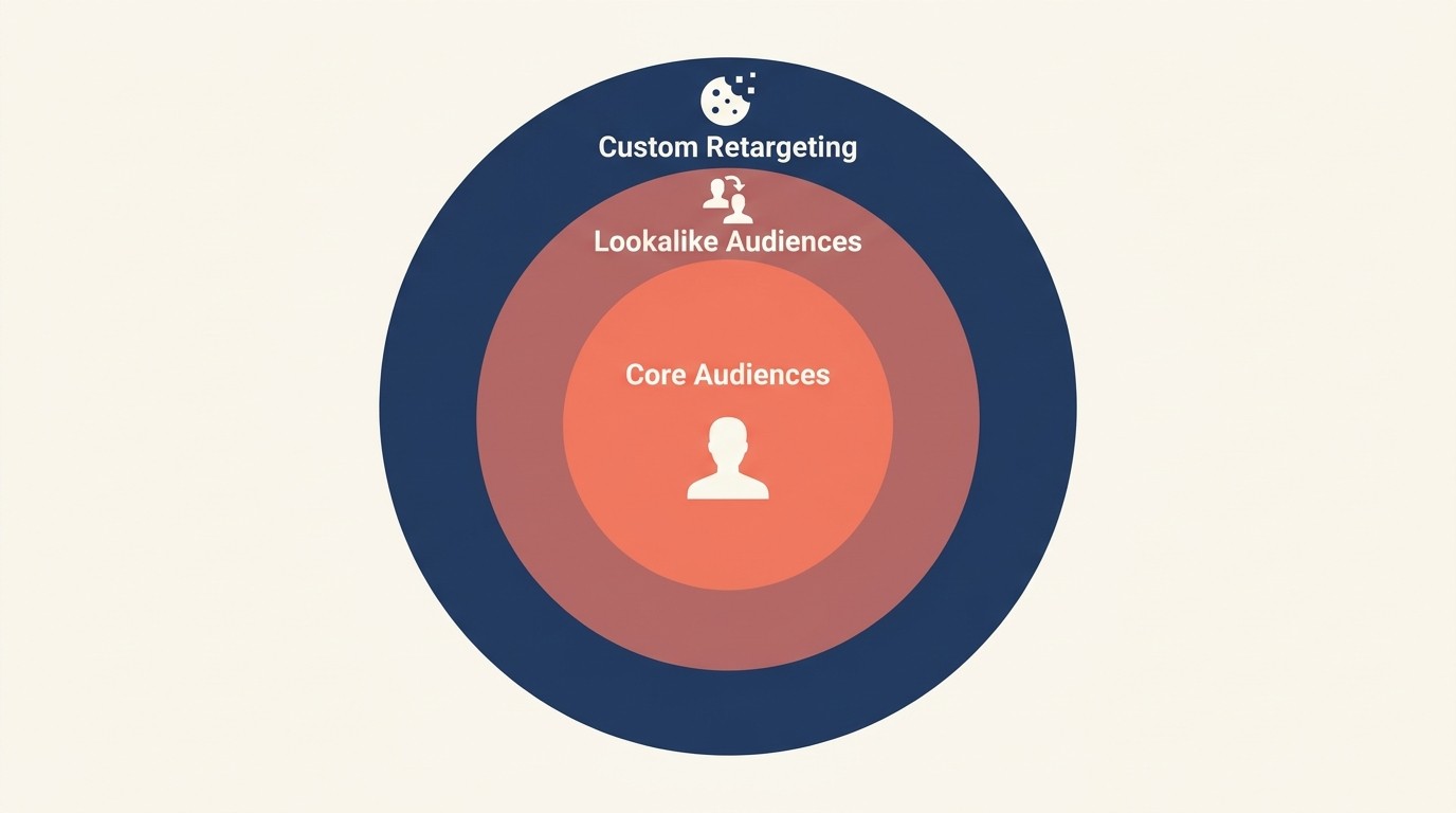 Meta audience targeting layers including core, lookalike, and custom audiences