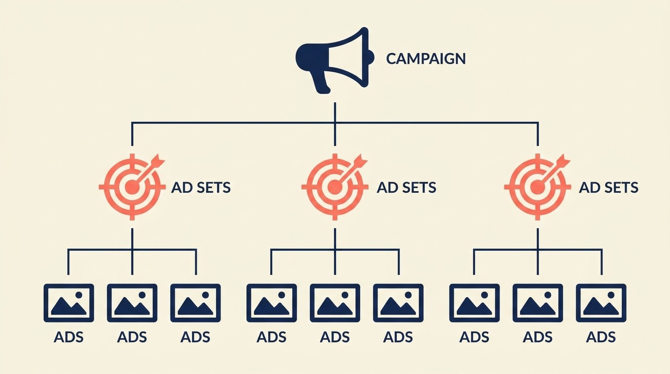 Meta campaign structure showing campaign, ad set, and ad hierarchy levels