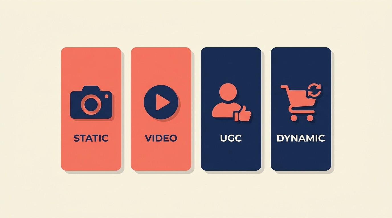 Meta ad creative types including static images, video, and dynamic product ads