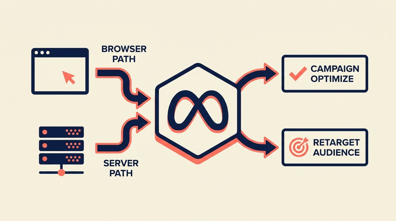 Meta Pixel and Conversions API tracking flow from browser and server to Meta