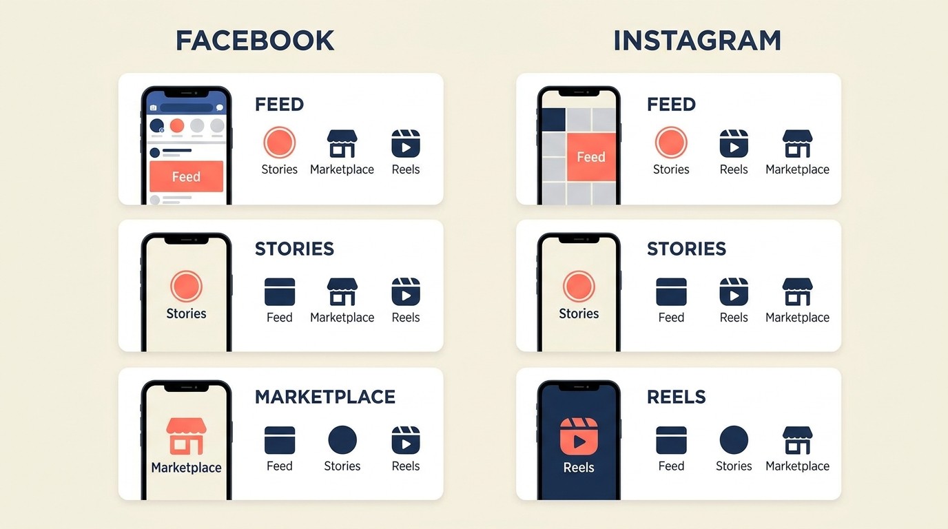 Meta ad placements across Facebook and Instagram feeds, stories, and reels