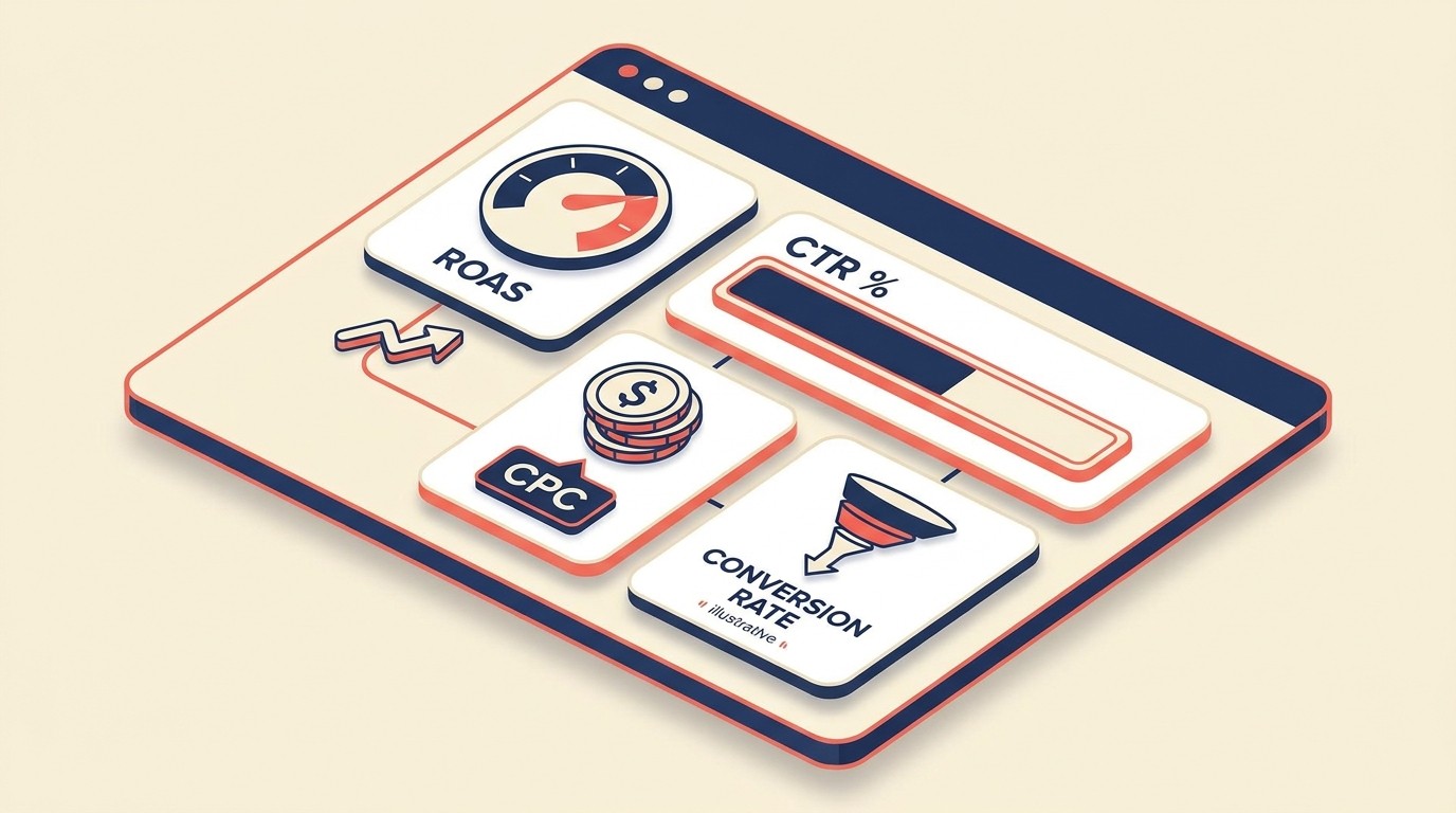ROAS optimization metrics dashboard with CTR, CPC, conversion rate, and break-even thresholds