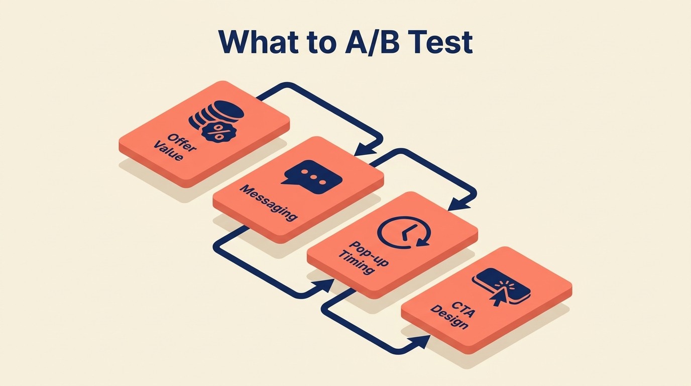 A/B testing framework covering offer value messaging timing and CTA design variants