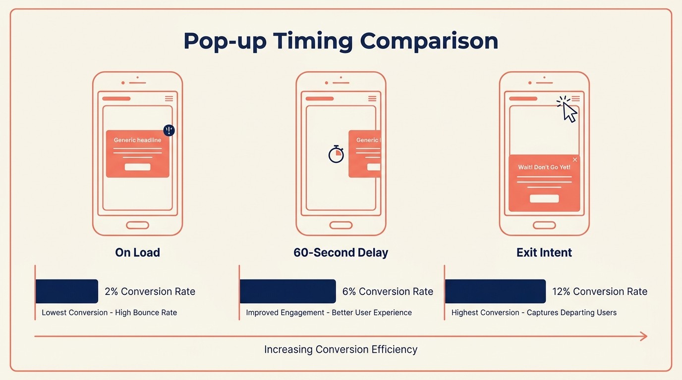 Pop-up trigger types including email capture exit-intent scroll-depth and mobile slide-up