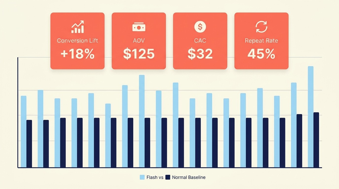 Flash sale analytics dashboard: conversion lift, AOV, CAC, repeat purchase rate, and margin per transaction